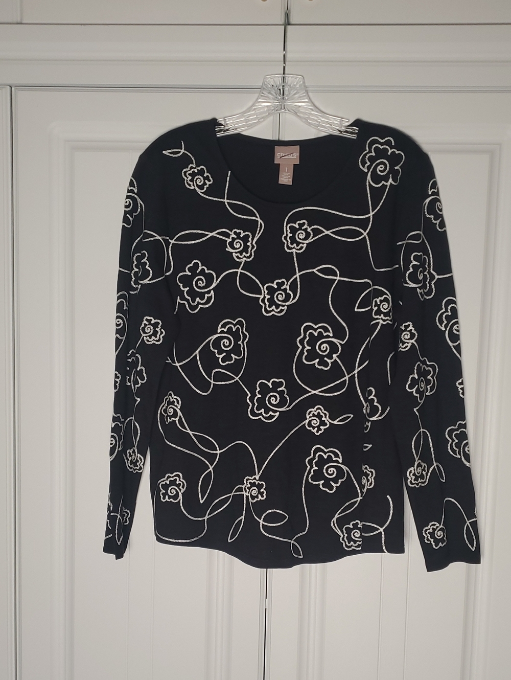 Chico's Black Long Sleeve Top with White Floral Line Pattern